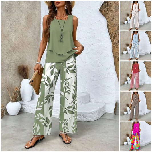 🌸Speciale prijs🌸  Dames Trendy Print 2-delige Outfits Mouwloze Top & Broek