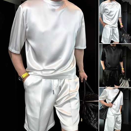 ⏳2025 Hot Sale 50% KORTING🔥Hoogwaardige herenset van gemerceriseerd katoen, effen kleur, top en korte broek, tweedelige set【Losse pasvorm, geschikt voor alle gelegenheden】