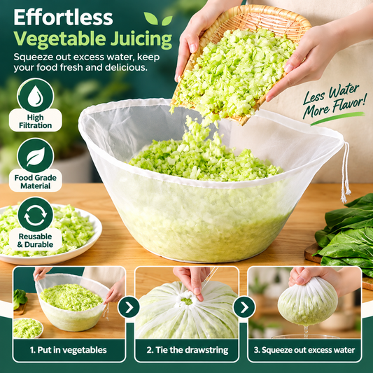 🔥🥬NU 50% KORTING! Nylon zeefzakje met fijne mazen – herbruikbaar voedselzeefzakje voor het uitpersen van groentesap, het zeven van sap, notenmelk en vulling voor dumplings, voedselzeefzakje met trekkoord voor in de keuken