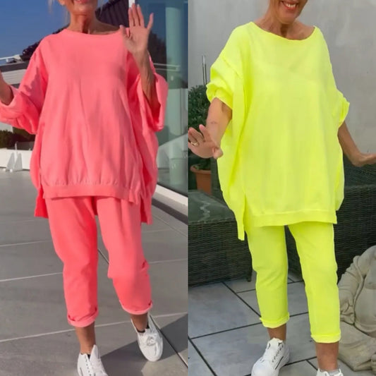 ⏳Beperkte tijd 50% korting💥Ronde hals Split Fluorescerende kleur Casual pak voor vrouwen