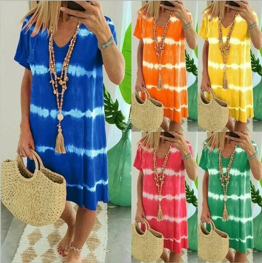 🌷Uitverkoop 50% korting🌸Nieuwe V-hals Tie-Dye Gedrukte Jurken met Korte Mouwen