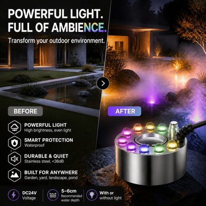 💨 KOOP 2, KRIJG 1 GRATIS! 12-LED Mistmaker – Koele Nevel & Kleurrijk Licht | Voor Vijvers, Decoratie & Halloween 🌈💧
