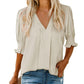 🔥Uitverkoop - 50% korting💜Effen damesshirt met pofmouwen en V-hals