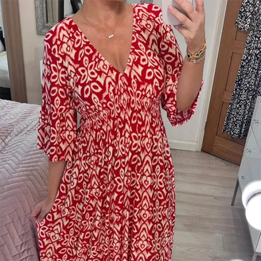 🔥Casual Gedrukte Lange Jurk met V-Hals Taille Omslag