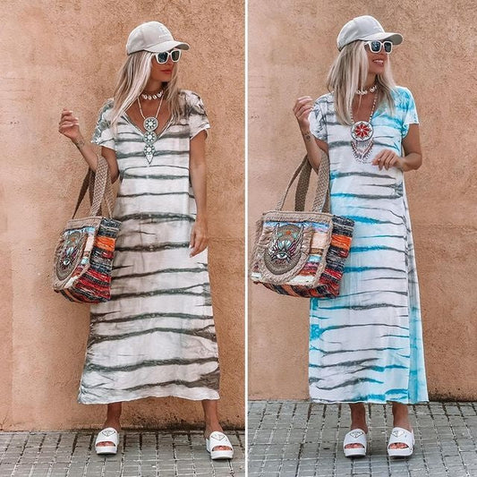 🍃 Lange jurk met losse pasvorm | Ademende zomerse maxi-jurk met V-hals