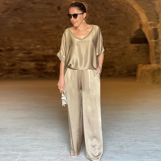 🔥HOT SALE 50% KORTING💃Elegant, glanzend tweedelig setje met oversized V-halslijn