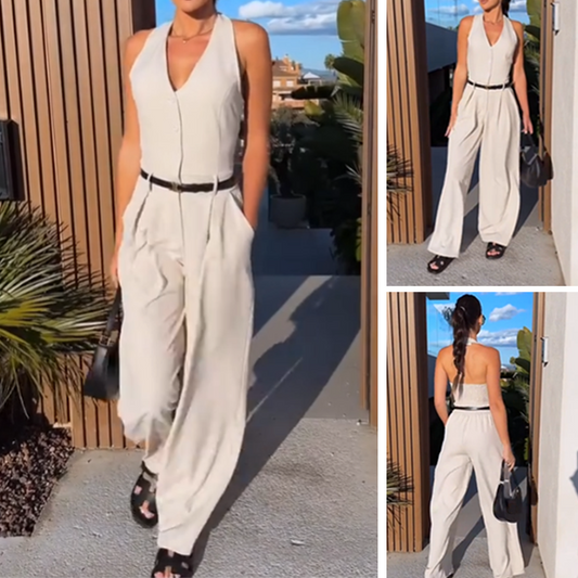 🩷Damesjumpsuit met halternek, diepe V-hals en wijde pijpen🌸
