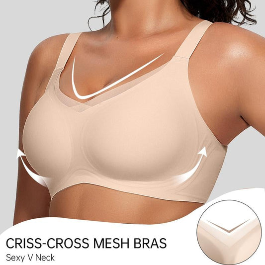 🏆 Flash Sale ⚡ Meer dan 50.000 verkocht! Bijna uitverkocht – 💥🎉 Dames draadloze V-hals kruissteek mesh-slip zonder naden – optillende beha, perfect als cadeau