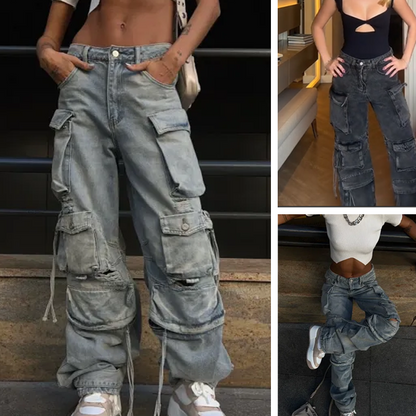 Vintage straight leg jeans in punkstijl met meerdere zakken