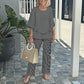 Vrouwen Casual Ronde Hals Halve Mouw Top Bedrukte Broek Tweedelige set