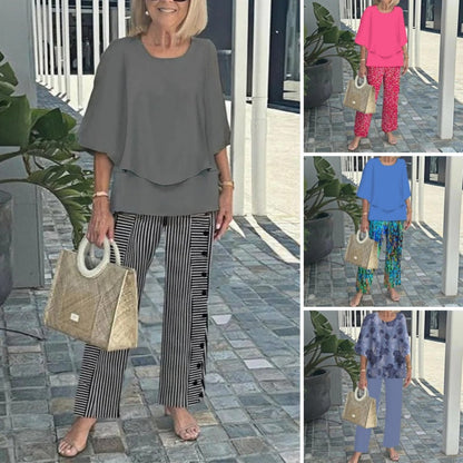 Vrouwen Casual Ronde Hals Halve Mouw Top Bedrukte Broek Tweedelige set