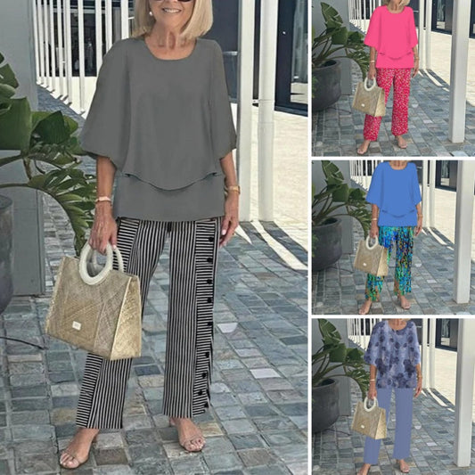 Vrouwen Casual Ronde Hals Halve Mouw Top Bedrukte Broek Tweedelige set