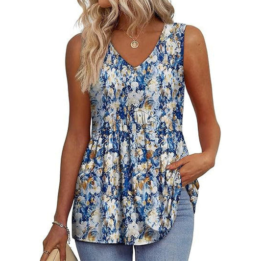 💜LAATSTE DAG PROMOTIE - 50% KORTING💜Damesprint Vloeiende Mouwloze V Hals Peplum Tops