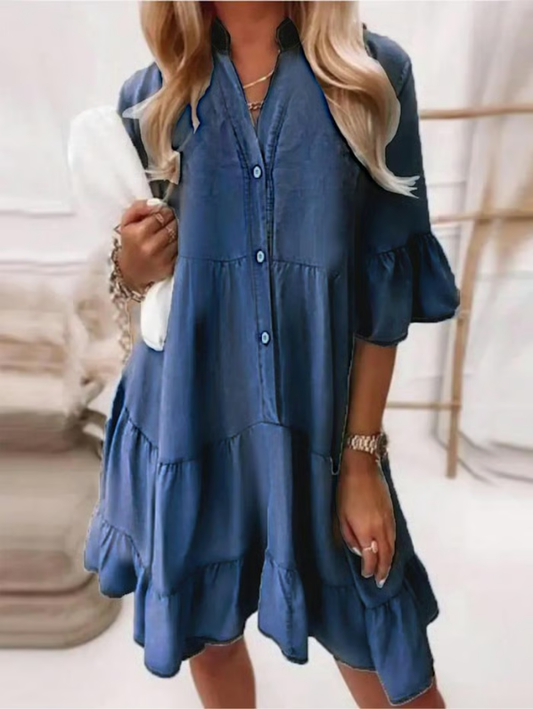 👗Zomerjurk met Franje en V-Hals - Lichte Denimlook