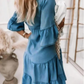 👗Zomerjurk met Franje en V-Hals - Lichte Denimlook