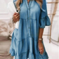👗Zomerjurk met Franje en V-Hals - Lichte Denimlook