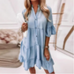 👗Zomerjurk met Franje en V-Hals - Lichte Denimlook