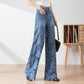 Blauwe jeans met hoge taille voor dames, wijde pijpen, gatenpatroon en kanten inzetstukken