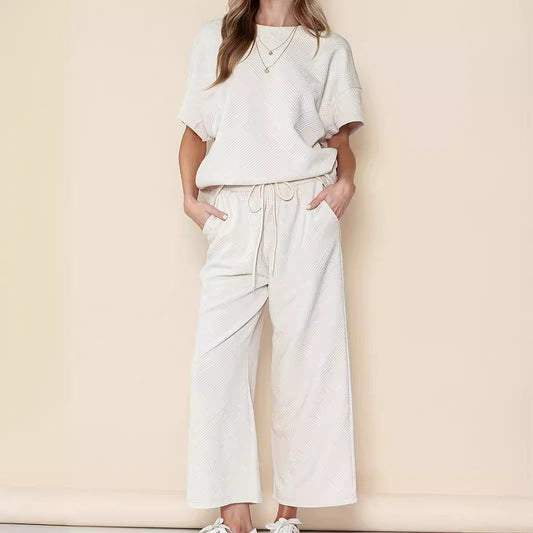 🌸Zomer Hot Sale🌸Casual Losse Effen Kleur Top met Korte Mouwen en Wijde Broek Tweedelige Set