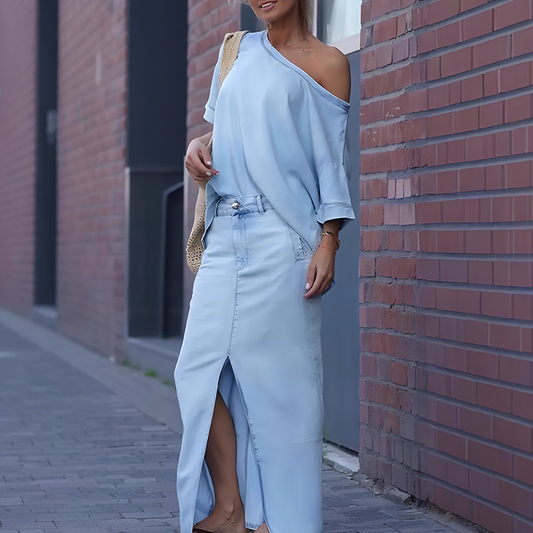 ⏰Tijdelijke korting - 50% Korting🔥Dames diagonale schoudertop met gesplitste denim lange rok