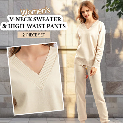 Dames V-Hals Trui en Hoge Taille Broek 2-Delige Set