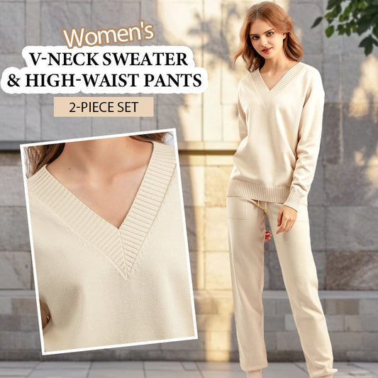 Dames V-Hals Trui en Hoge Taille Broek 2-Delige Set