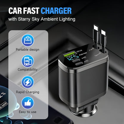 🚗🔌🎵 2-in-1 Auto Oplader & Bluetooth-speler – Snelladen, Dubbele Intrekbare Kabels & Starlight Ambiance (Universeel Compatibel)!