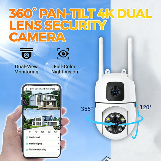 🔍🔍360° pan-tilt 4K-beveiligingscamera met dubbele lens