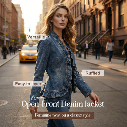 🧥 NU 50% KORTING! 🌸 Dames denimjas met ruches en open front – Lichtgewicht & vrouwelijk – Veelzijdig & chic 👗