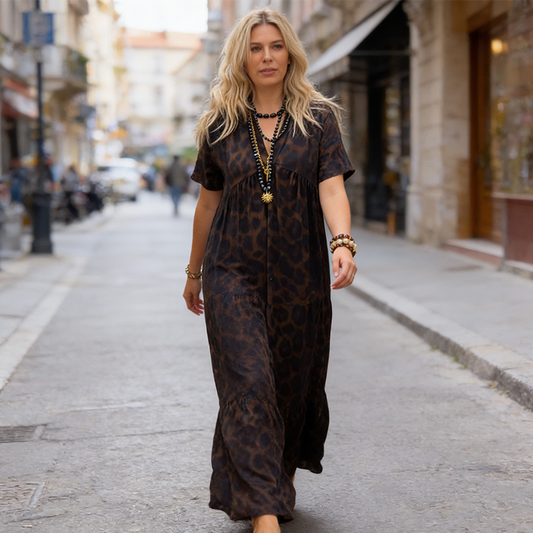 ❤️‍🔥Dames V-hals luipaardprint maxi-jurk