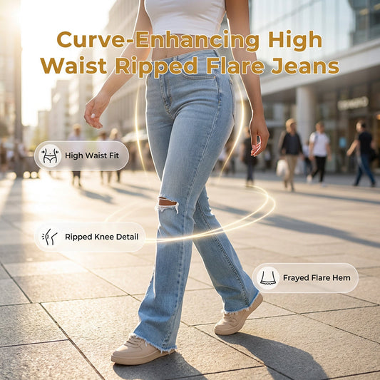 Figuurvormende Jeans met Scheuren, Uitlopende Pijpen en Hoge Taille