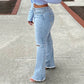 Figuurvormende Jeans met Scheuren, Uitlopende Pijpen en Hoge Taille
