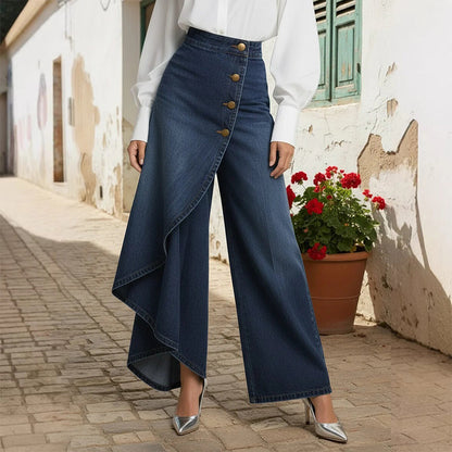 👖Asymmetrische wrap jeans 👖Een combinatie van een culotte en een broek. Hoge taille voor optisch langere benen, wijd en soepel vallend, met diagonale knopen. In een handomdraai ben je een fashionista! ✨