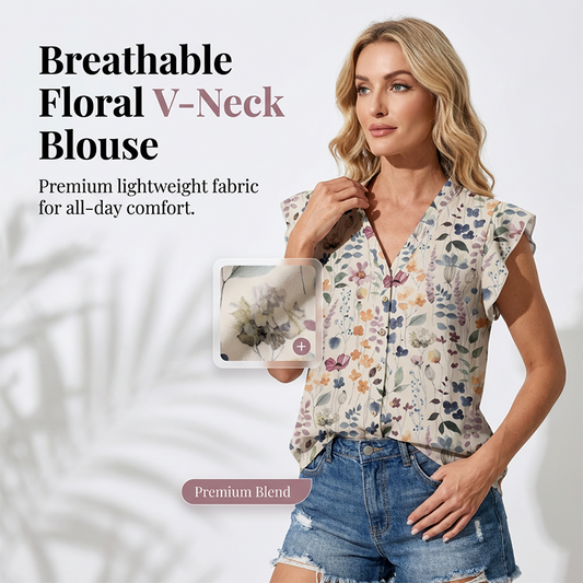 Damesblouse met V-hals, bloemenprint en knoopsluiting☀️Levering binnen 5 werkdagen👜