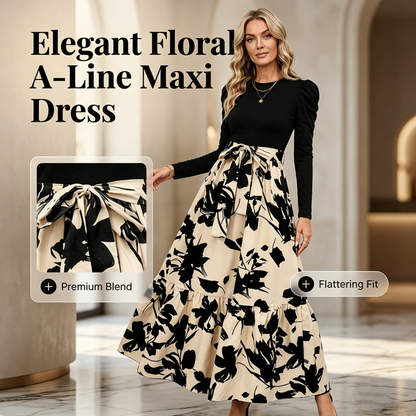 🌸Bloemenprint A-lijn maxi-jurk met lange mouwen voor dames💕