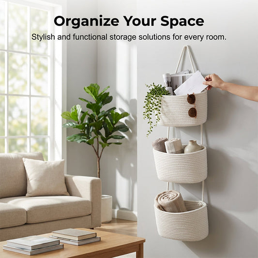 ❄️Zomerfresh 50% Korting!🏡Hangende Wandorganizer met Opbergmanden – Stijlvolle 3-Laags Opberger voor Elke Kamer
