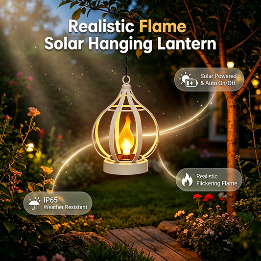 Realistische zonne-energie hanglantaarn met vlammotief