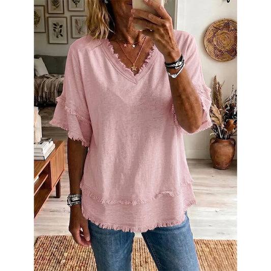 👚✨ Stijlvolle top met V-hals – ademend, losse pasvorm, perfect voor ontspannen zomerdagen!