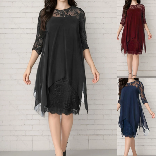 Elegante jurk met hoge en lage zoom en kanten overlay voor dames