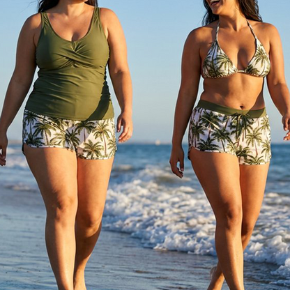 👙✨ 50% KORTING! Tanktop, bikinitop én shorts in 1 set. Criss-cross rug, tummy control, en sneldrogende stof – jij bepaalt hoe je straalt op het strand!