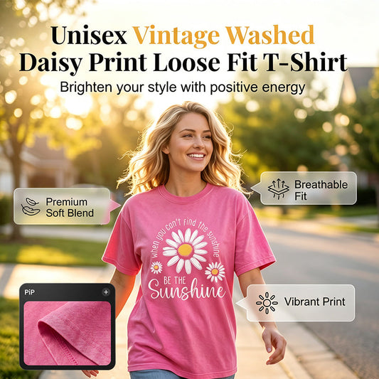 👕☀️Unisex Vintage Gewassen Madeliefje Print Loose Fit T-Shirt