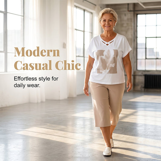 Casual tweedelige set voor dames: T-shirt met V-hals en cropped broek