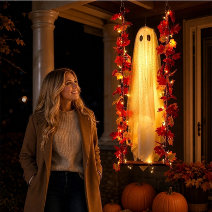 🔥🎁 Nieuw product – 50% korting 🔥Hangende Halloween-spookfiguur op schommel met op afstand bedienbare LED-verlichting en esdoornbladeren
