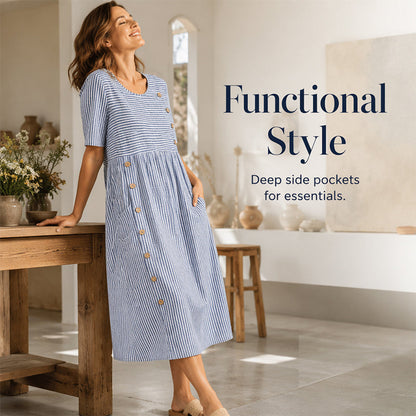 🌀☁️ TIJDELIJKE AANBIEDING: 50% KORTING! 👗Casual, ruimvallende gestreepte damesjurk – Luchtige pasvorm en zachte strepen – Perfect voor een nonchalante alledaagse look.
