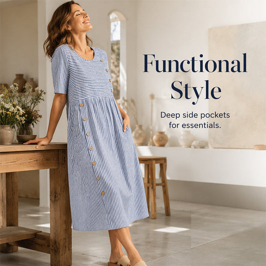 🌀☁️ TIJDELIJKE AANBIEDING: 50% KORTING! 👗Casual, ruimvallende gestreepte damesjurk – Luchtige pasvorm en zachte strepen – Perfect voor een nonchalante alledaagse look.