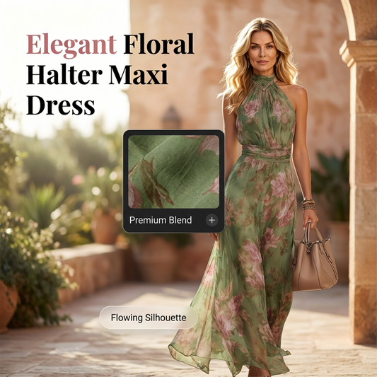 Elegante maxi-jurk met halternek en bloemenprint