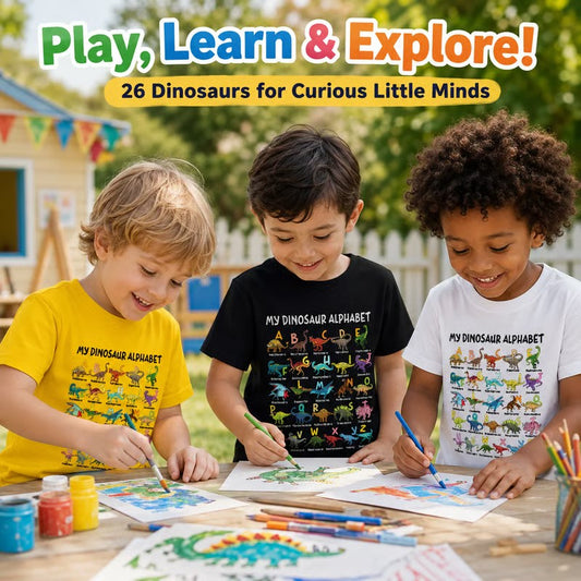💥【50% OFF】🔥 Kinder Dinosaurus Alfabet T-shirt | A-Z Kleurrijke Dino Print | Zachte Polyester, Huidvriendelijk | Ademend, Niet Benauwd | Verstevigde Stiksels | 3 Kleuren (Zwart/Wit/Geel) | Leeftijd 2-14 👕