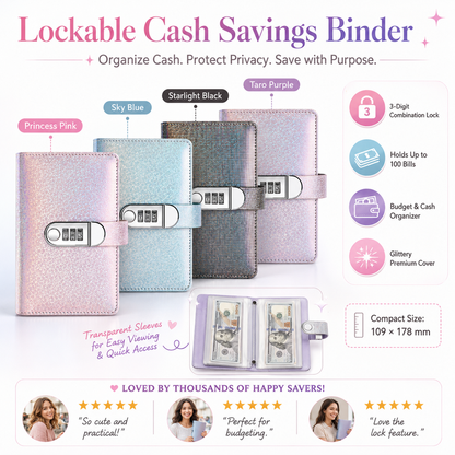 ✨💰 Afsluitbare glitter-budgetmap – 50 enveloppen voor contant geld met cijferslot