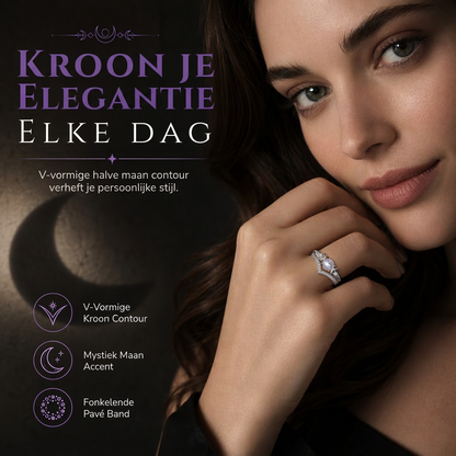 🌙 Dames ringenset met Witchy Triple Moon-motief – Boho stapelbare ringen van loodvrij koper en onbehandelde natuurlijke maansteen voor emotionele rust.