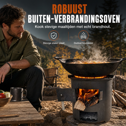 🎁2026 Nieuw gearriveerd 50% KORTING💥Zware kampeer kachel van koolstofstaal – Hout & Houtskool, Hoge Luchttoevoer, 3-in-1 Kookplaat 🍳